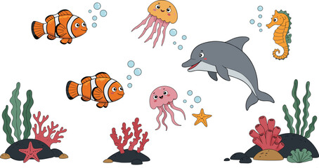 Cute cartoon sea animals underwater with dolphin, clownfish, jellyfish, seahorse, and coral reef illustration