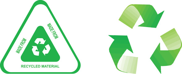Eco-friendly recycling symbols representing sustainability, reusable materials, and environmental protection with green arrows and recycled material logo design
