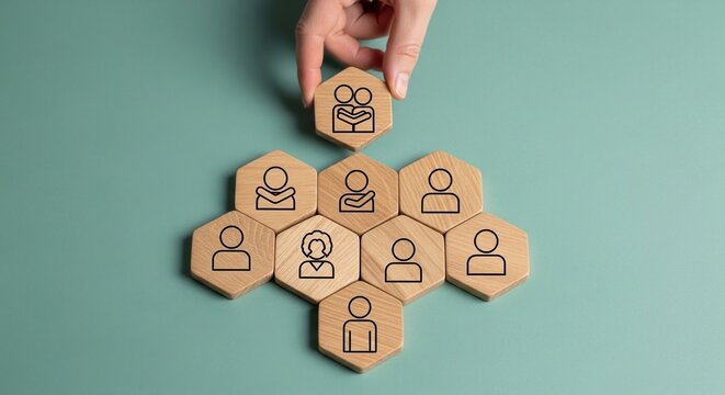 Hand putting wooden block with family icon on top of team structure