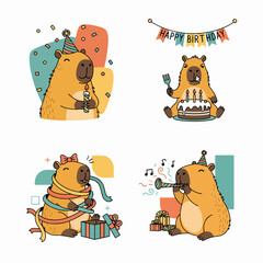 Festive vector set in flat style of clipart featuring cute capybaras with balloon, cake, gift and confetti at birthday party. Great for print, card, invitation, holiday design. Happy Birthday concept.