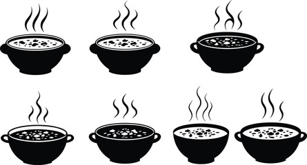 Silhouette vector illustration of steaming hot bowls and cups with soup or coffee, black design icons, restaurant menu decoration art