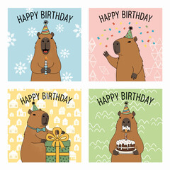 Festive vector set in flat style of clipart featuring cute capybaras with balloon, cake, gift and confetti at birthday party. Great for print, card, invitation, holiday design. Happy Birthday concept.
