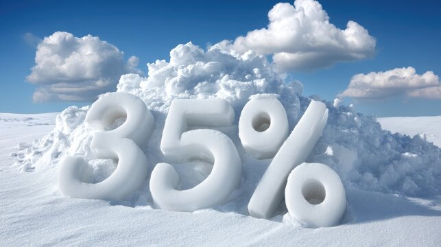 Snowy landscape features a large snowbank shaped as 35 percent sign under bright blue sky with fluffy clouds in the background during winter season