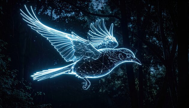 Illuminated bird in mid-flight displays a glowing, ethereal outline against a dark forest backdrop. - Powered by Adobe