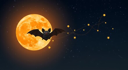 Naklejka premium Cute bat flying with glowing stars around orange full moon in dark sky. Adorable 3D Halloween concept art.