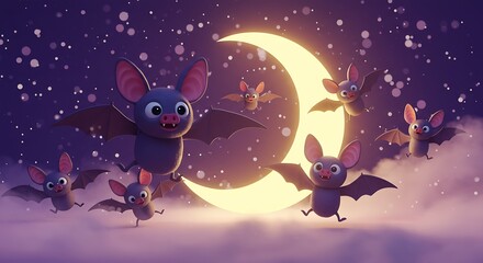 Naklejka premium Group of cute bats dancing in front of glowing crescent moon under magical night sky. Adorable 3D Halloween scene.