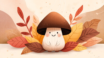 Cute cartoon mushroom character surrounded by colorful autumn leaves and seasonal vibes