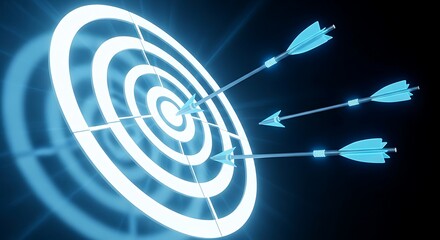 Futuristic target with arrows hitting bullseye on digital background