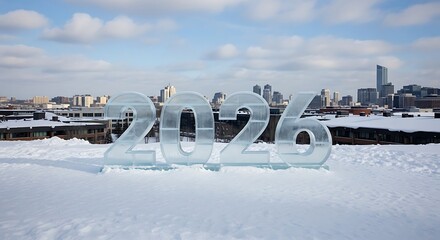 Frozen 2026 ice sculpture with snowy cityscape background