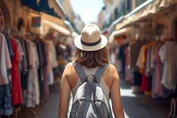 Woman exploring local market with backpack and hat