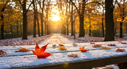 Autumn path with colorful leaves and golden sunset light