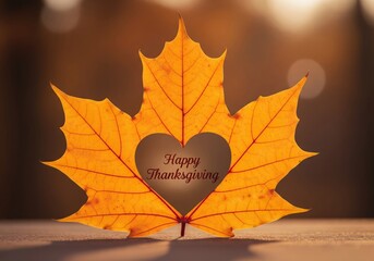 Obraz premium Maple Leaf with Heart Cutout and Happy Thanksgiving Text
