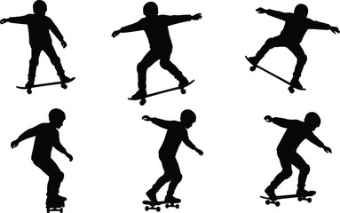 Skateboarder silhouette performing extreme tricks and stunts, dynamic vector illustration showing urban sport, balance, energy, lifestyle, youth culture, adventure