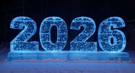 Frozen 2026 ice sculpture glowing blue in nighttime setting