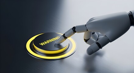 A robotic hand poised to press a warning button, symbolizing the potential dangers and ethical considerations of artificial intelligence and technological advancement