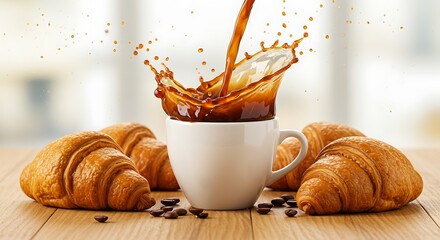 Fresh croissants and hot coffee splash on wooden table