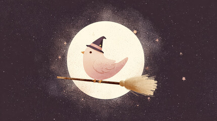 Cute pink bird wearing witch hat sitting on broomstick against a full moon background