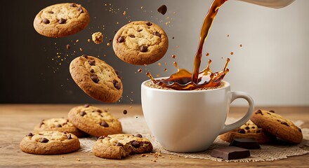Delicious cookies falling into hot coffee on wooden table
