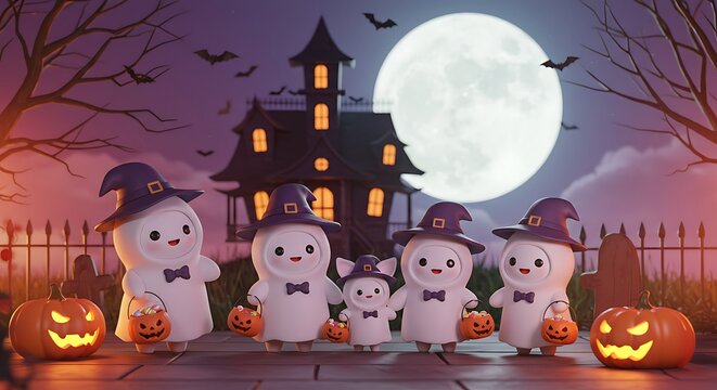 Kawaii ghost family in witch hats trick or treating under full moon with pumpkins. Cute 3D Halloween artwork.