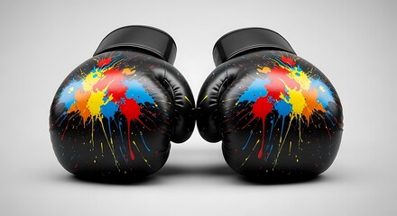 Colorful paintsplattered boxing gloves isolated on white background