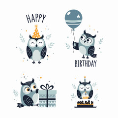 Happy Birthday Owl Celebration: Colorful Card Set with Balloons, Cake, and Gifts