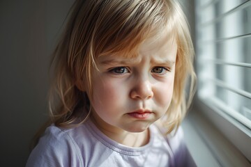 Upset Little Girl Looking Out Window in Natural Light