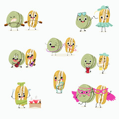  Macarons funny characters, hand drawn vector illustration.