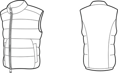 Technical flat sketch sleeveless padded vest, quilted jacket front and back view, zipper closure, high collar, fashion garment apparel illustration