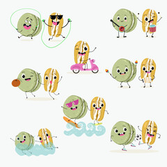  Macarons funny characters, hand drawn vector illustration.