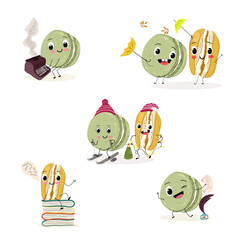  Macarons funny characters, hand drawn vector illustration.