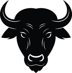 The cartoon bull head vector with horns is a wild animal illustration, perfect as a farm cattle symbol or isolated black skull icon