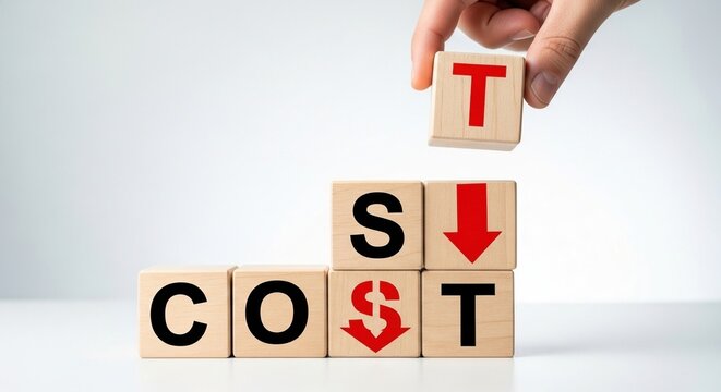 Hand putting wooden cube with t letter on top of cost reduction concept