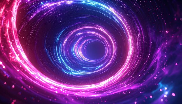Glowing, circular light trails emanate from the center of the frame, forming concentric rings of brilliant neon colors.
