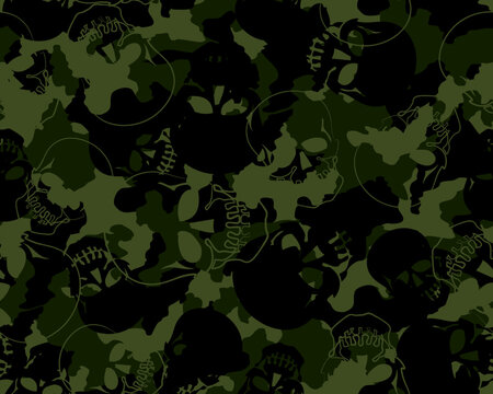 Seamless skull camouflage vector pattern. Illustration features skulls mixed into a green and black camo design. Apparel textile print.