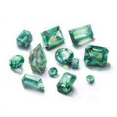 A collection of emerald gemstones in various cuts. Watercolor illustration of precious green jewels. Isolated on a white background with copy space