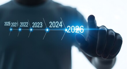 Futuristic hand selecting years 2024 to 2026 with glowing timeline