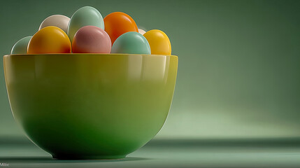 Pastel-colored eggs in gradient green bowl, simple composition and neutral background. Generated with AI