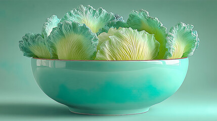 Textured lettuce leaves in bright blue bowl, clean and elegant monochrome background. Generated with AI