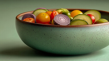 Sliced cucumbers, tomatoes and onion in dark green bowl, elegant and subdued background. Generated with AI
