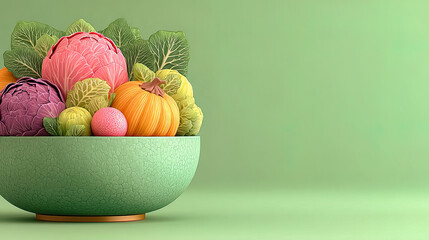 Textured bowl with colorful vegetables and decorative cabbages on pastel green background. Generated with AI