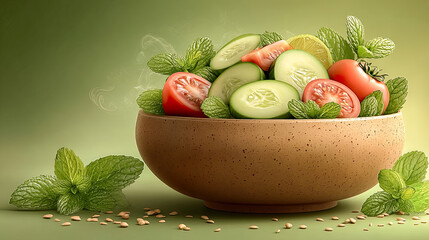 Rustic bowl with cucumber slices, tomatoes and fresh mint leaves on green background. Generated with AI