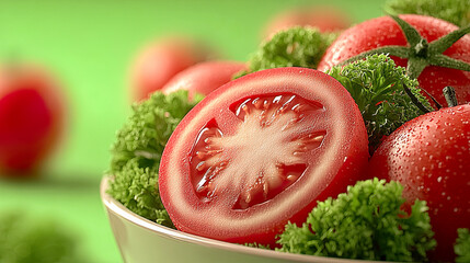 Close-up of sliced tomato showing juicy texture, accompanied by fresh parsley. Generated with AI
