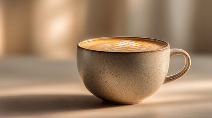 Ceramic cup with latte coffee and milk art on warm, soft background in cozy indoor setting - Generated with AI