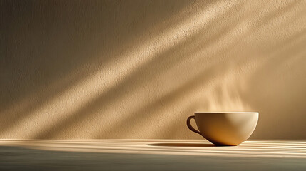Steaming coffee cup on light surface with beige background lit by natural diagonal light - Generated with AI