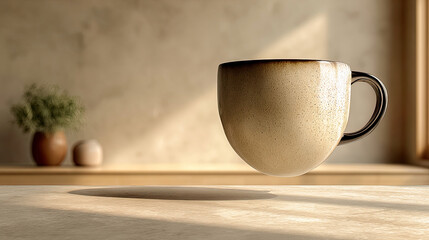 Ceramic cup suspended in mid-air with blurred background and minimalist decor in warm tones - Generated with AI