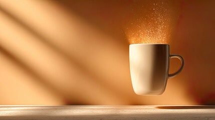 White floating mug emitting glowing particles over warm background with soft diagonal shadows - Generated with AI