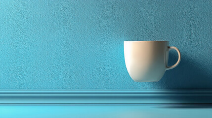 White mug suspended in front of a blue wall with molding, high contrast minimalist composition - Generated with AI