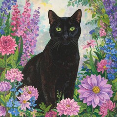 Black cat amidst colorful flowers