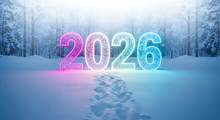 Futuristic 2026 digital display in snowy forest with glowing lights