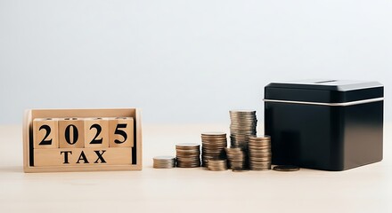 2025 tax savings with coins and metal box isolated on white background